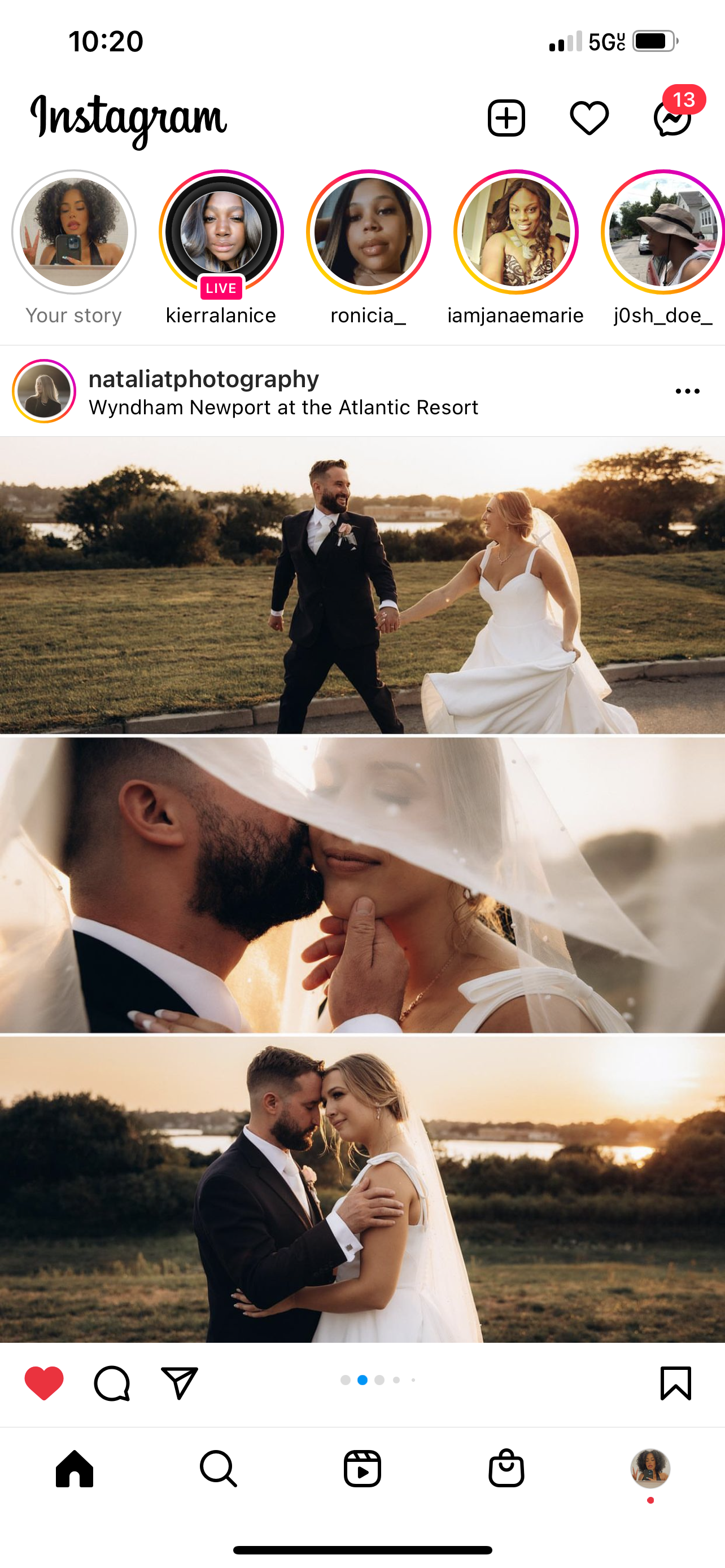 Instagram post featuring a wedding photoshoot with a bride and groom outdoors at sunset.