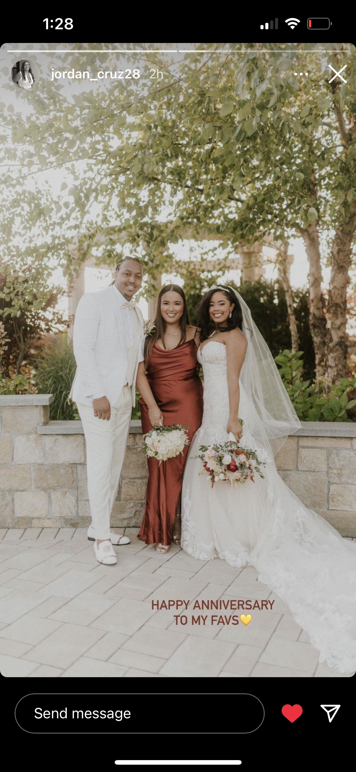 A wedding photo of three people, a bride in a white wedding dress and veil holding a bouquet, a groom in a white suit, and a woman in a satin burgundy dress holding a bouquet, standing outdoors with trees in the background.