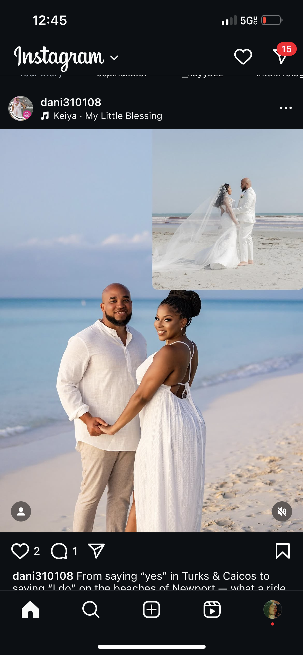 A couple standing on a beach holding hands, with an inset photo of the bride and groom in wedding attire on the beach.