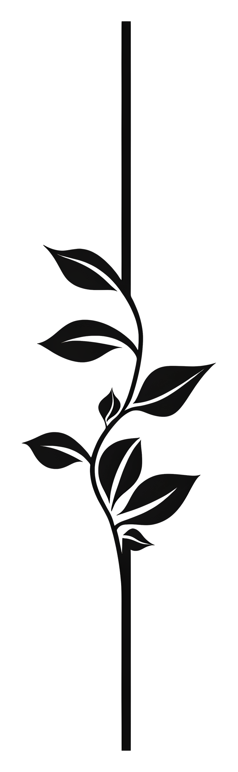 A black silhouette of a single flower with a long stem and several leaves, set against a black background.