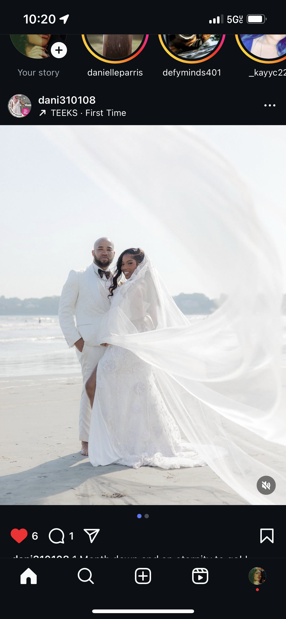 A newlywed couple in wedding attire standing on the beach, with the bride's long veil flowing in the wind.