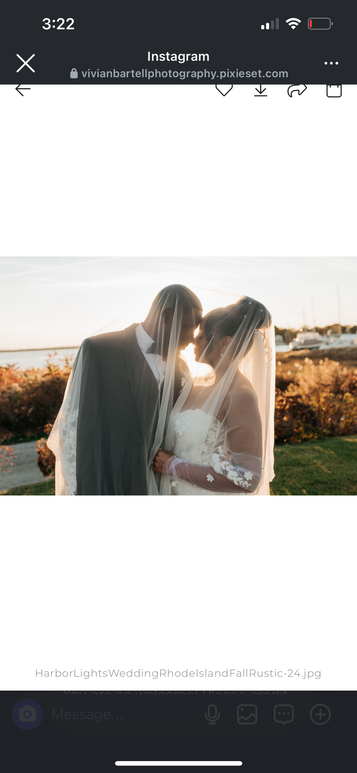 A bride and groom sharing a tender moment under a wedding veil during sunset outdoors, with boats and vegetation in the background.