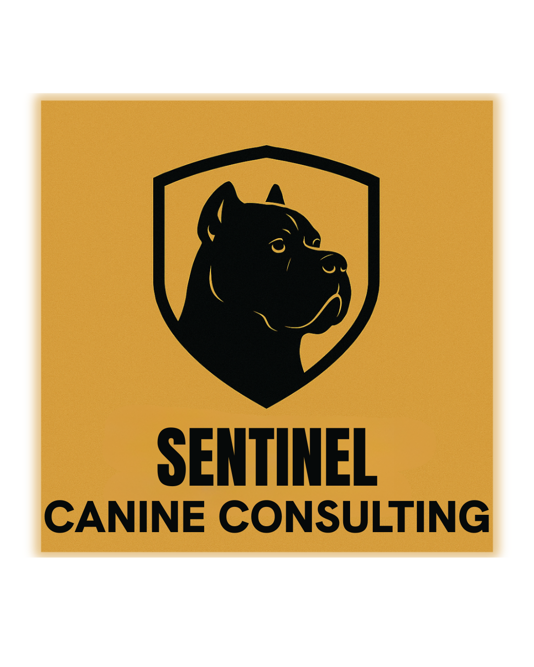 Logo for Sentinel Canine Consulting featuring a black dog head inside a shield on a gold background with black text.