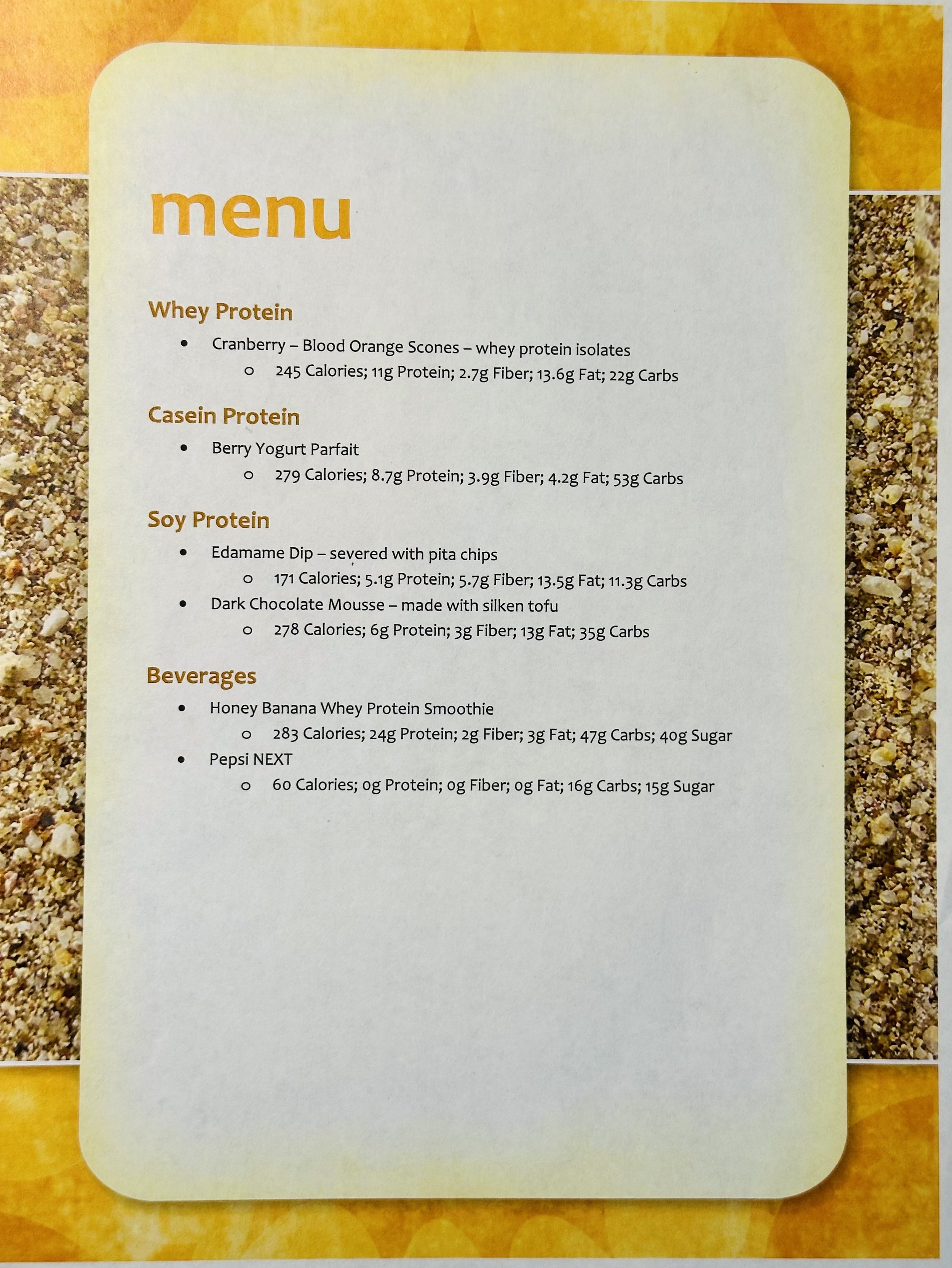 Menu used during Jose Barbosa’s 2013 master’s thesis defense presentation on animal- and plant-based proteins.