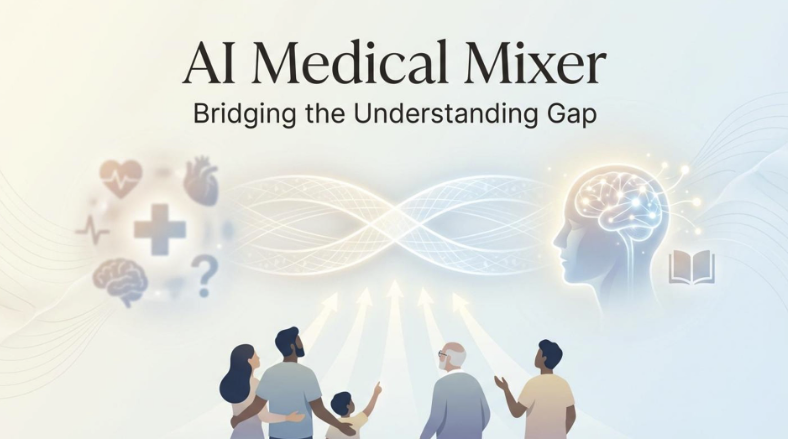 A digital illustration titled 'AI Medical Mixer' with the subtitle 'Bridging the Understanding Gap'. Depicts diverse healthcare professionals and a patient, with abstract medical icons, a brain with neural connections, and a human profile with digital lines and circuits.
