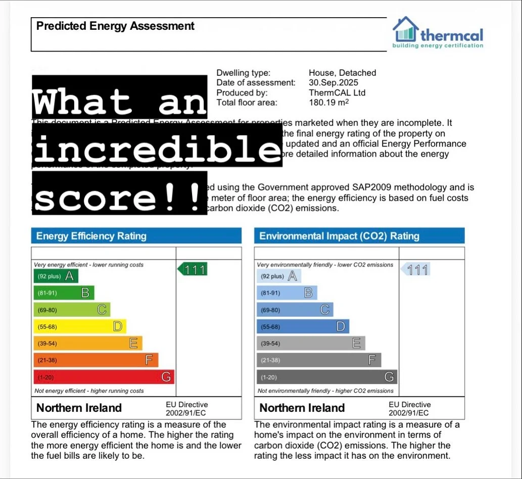 ⚡️Design SAP results for our #passivhaus dwelling are in.  The low energy home received a score of 111 out of 100 🤨😲? Yep, we’ve broken the system!! 😂. What does this means, the house will produce more energy from self generated sources than
