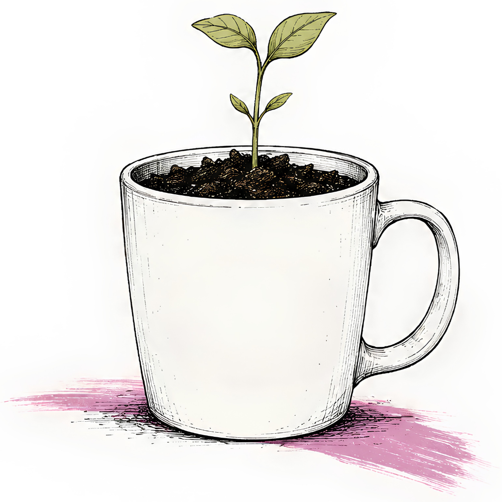Illustration einer Tasse mit einer jungen Pflanze als Symbol für Waldgspür