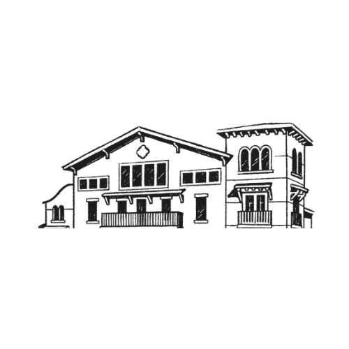 Outline of a house at night with lights on inside, showing two stories and a front porch.