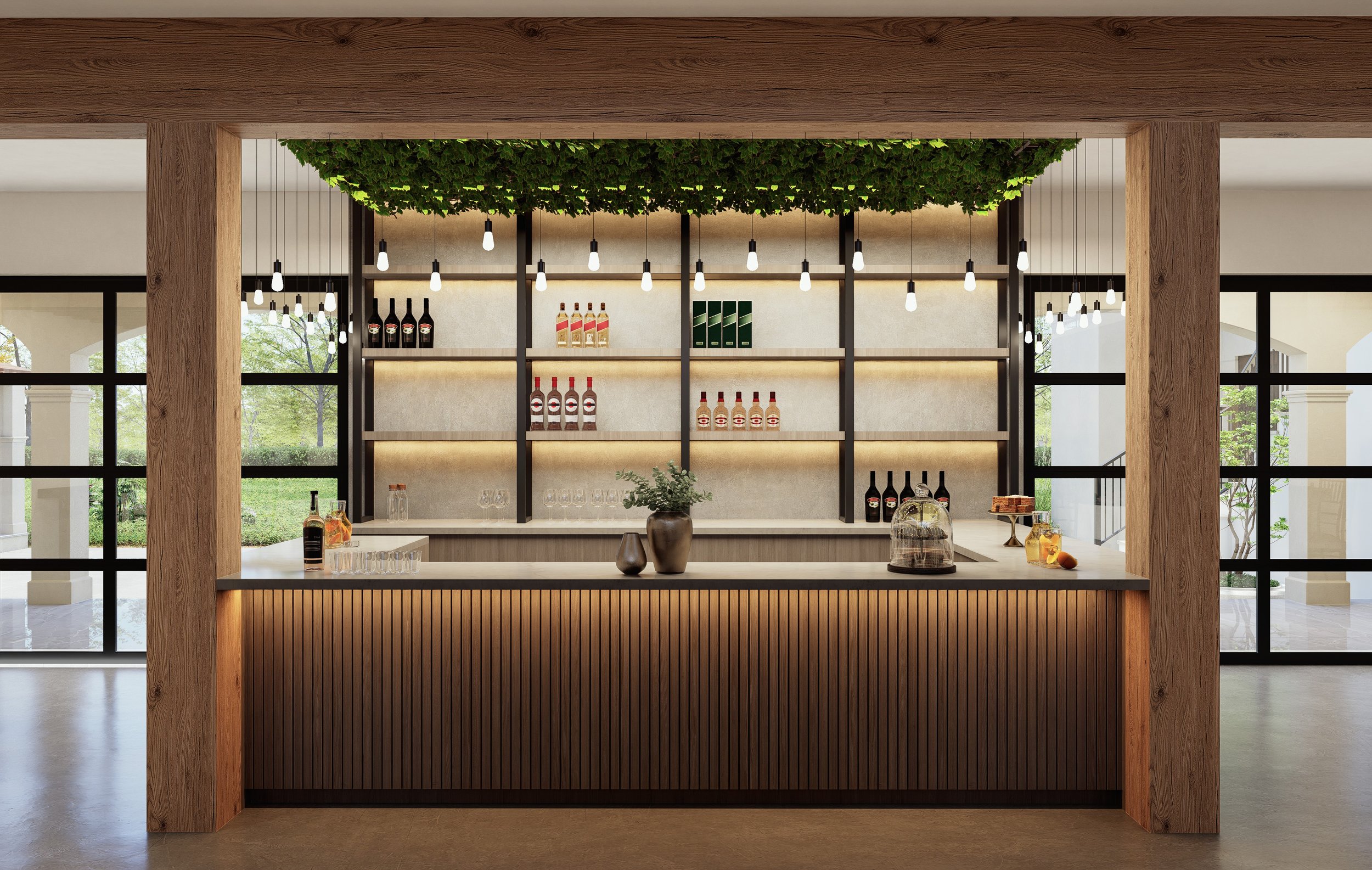 Modern bar with wooden accents, illuminated shelves with bottles and glasses, and a ceiling decorated with green foliage. Large glass windows in the background reveal an outdoor garden.