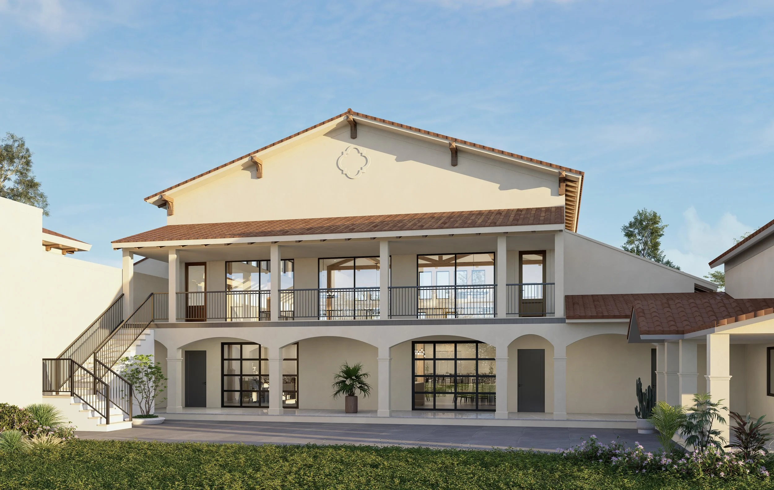 Luxury house with a two-story beige structure, large glass windows, a red tiled roof, and a front yard with green grass and plants.