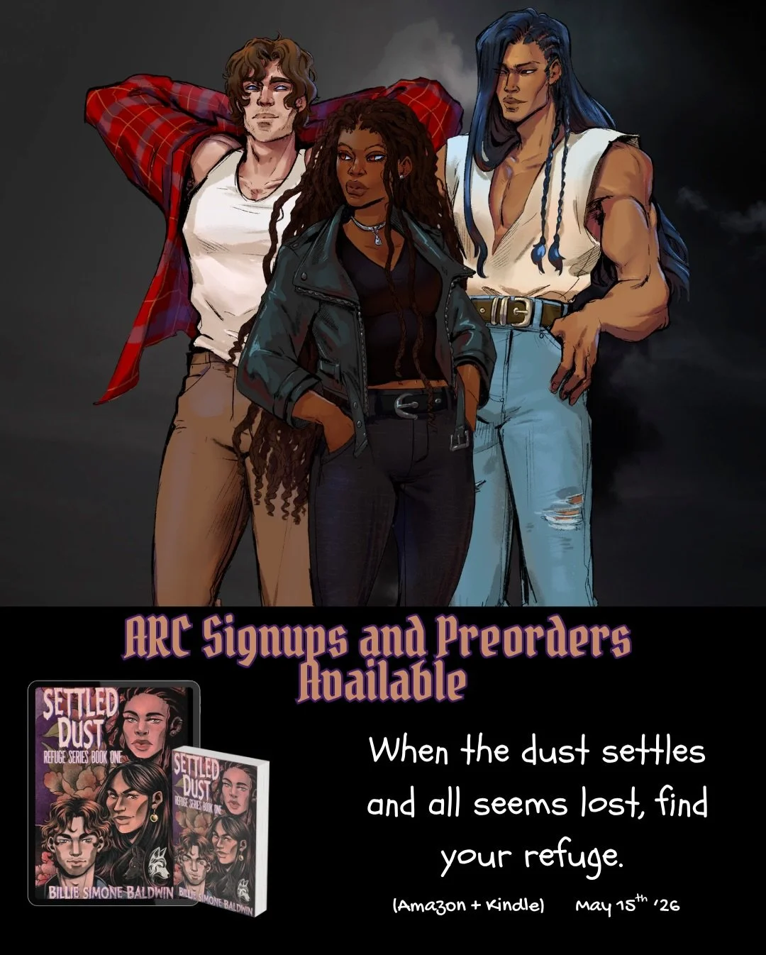 LINK IN BIO: The dust settles May 15th. Find your refuge.
.
.
Character art credit: @oddeum 
Cover art credit: @femkeneriart 
.
#paranormalromancebooks #dystopianromance #queerromancebooks #diversereads