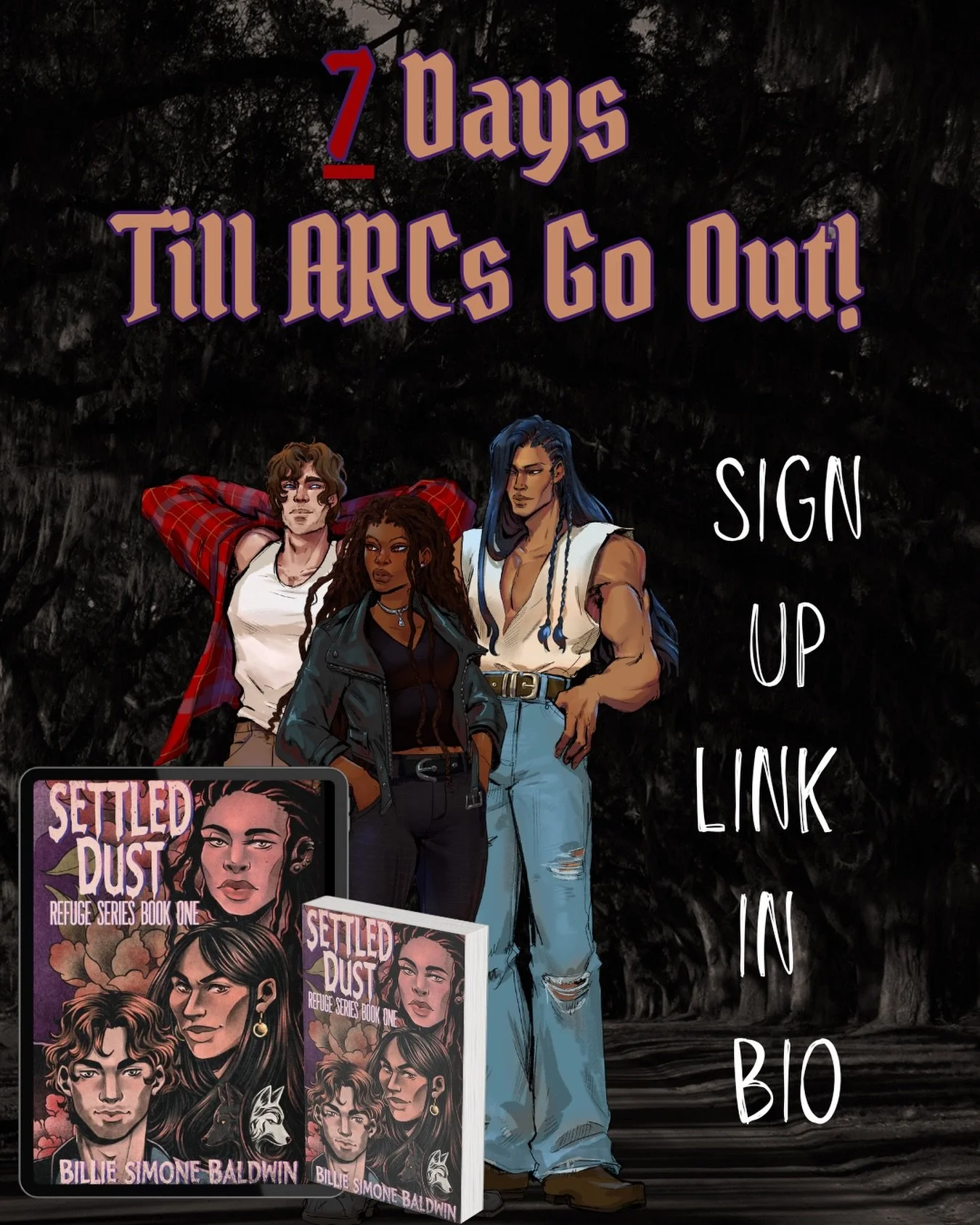 There&rsquo;s still time to sign up! and thank you to anyone giving these three a chance! We are so close - The Dust Settles May 15th! 🫶🏾
.
Character art: @oddeum 
Cover art: @femkeneriart 
.
.
#paranormalromancebooks #queerromancebooks #diverserea