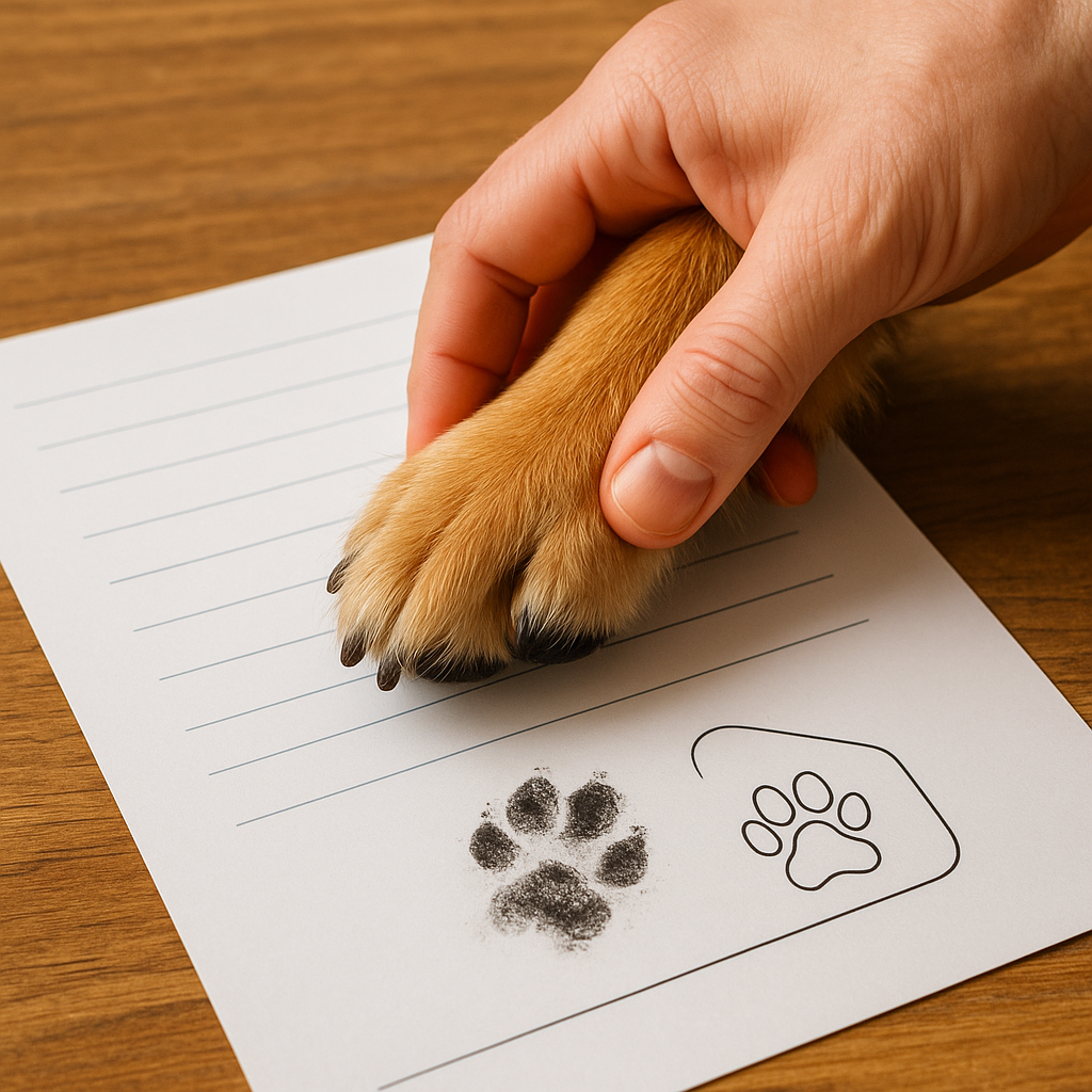 A person's hand holding a dog's paw on a lined sheet of paper with a dog paw print and a paw print illustration.