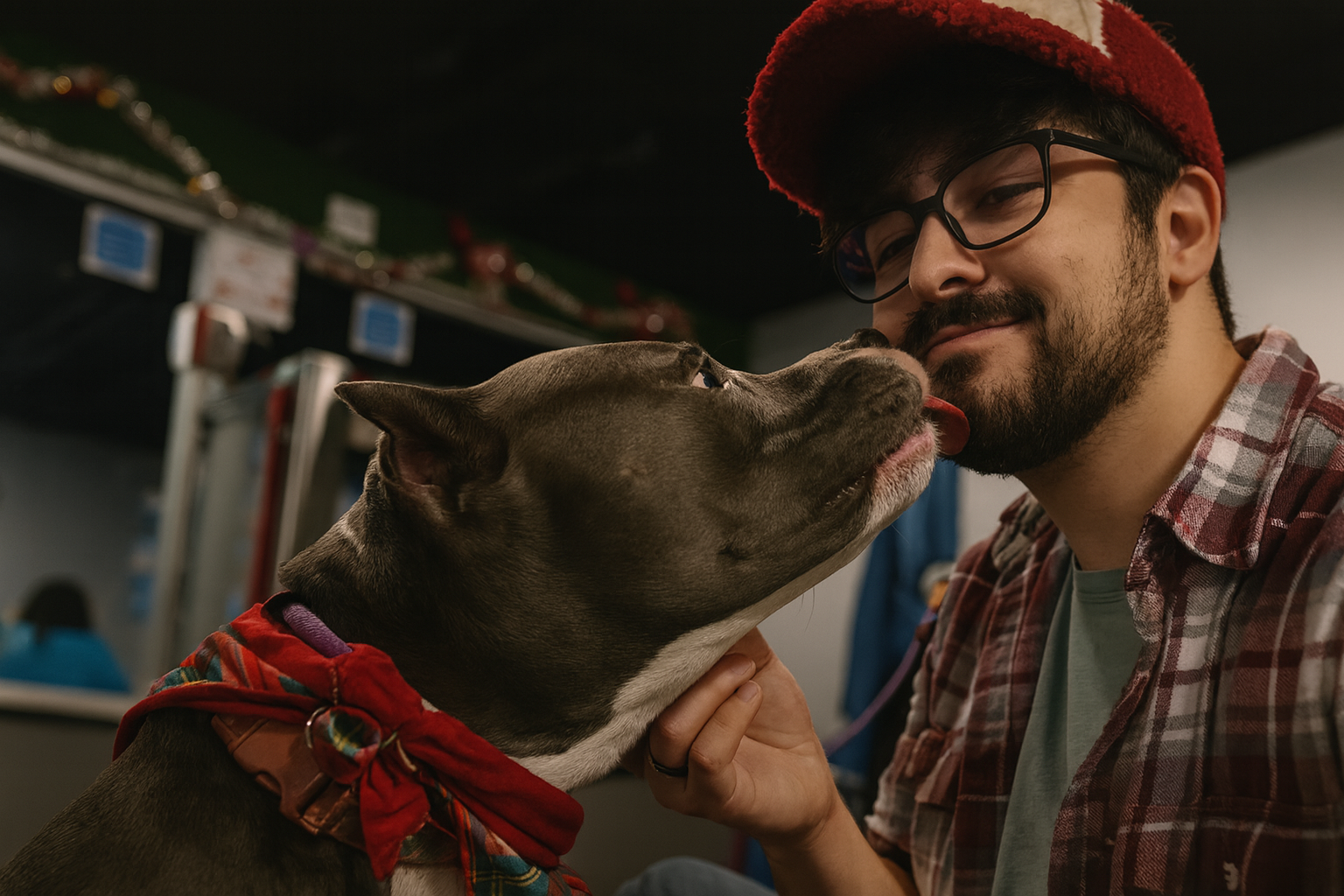 A man with glasses and a beard in a plaid shirt and red hat is being licked on the face by a dog wearing a red bandana.