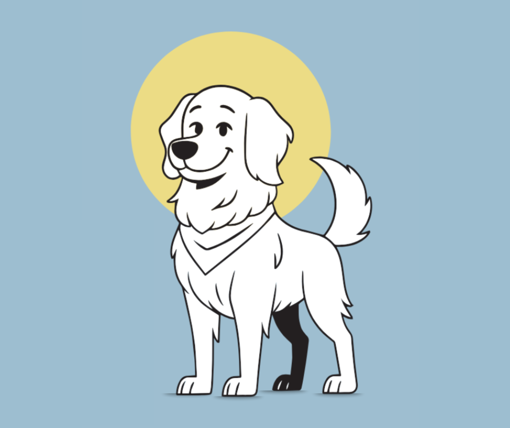 Cartoon illustration of a happy, smiling dog with a bandana around its neck, standing in front of a yellow circle on a blue background.