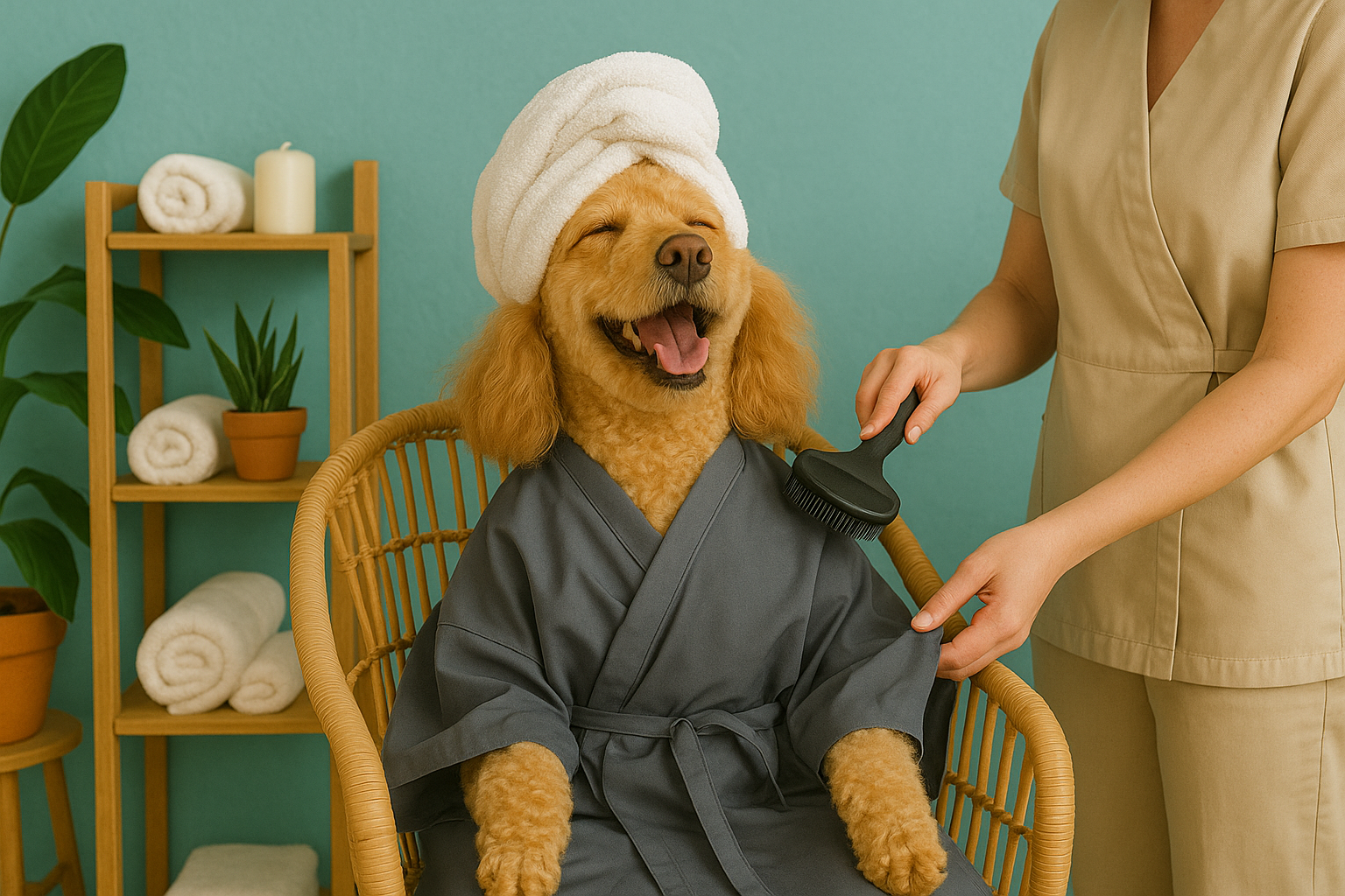 A golden retriever dog sitting in a wicker chair with a towel wrapped around its head and wearing a gray bathrobe, while a person brushes its fur in a spa-like setting with green walls, potted plants, and shelves of towels.