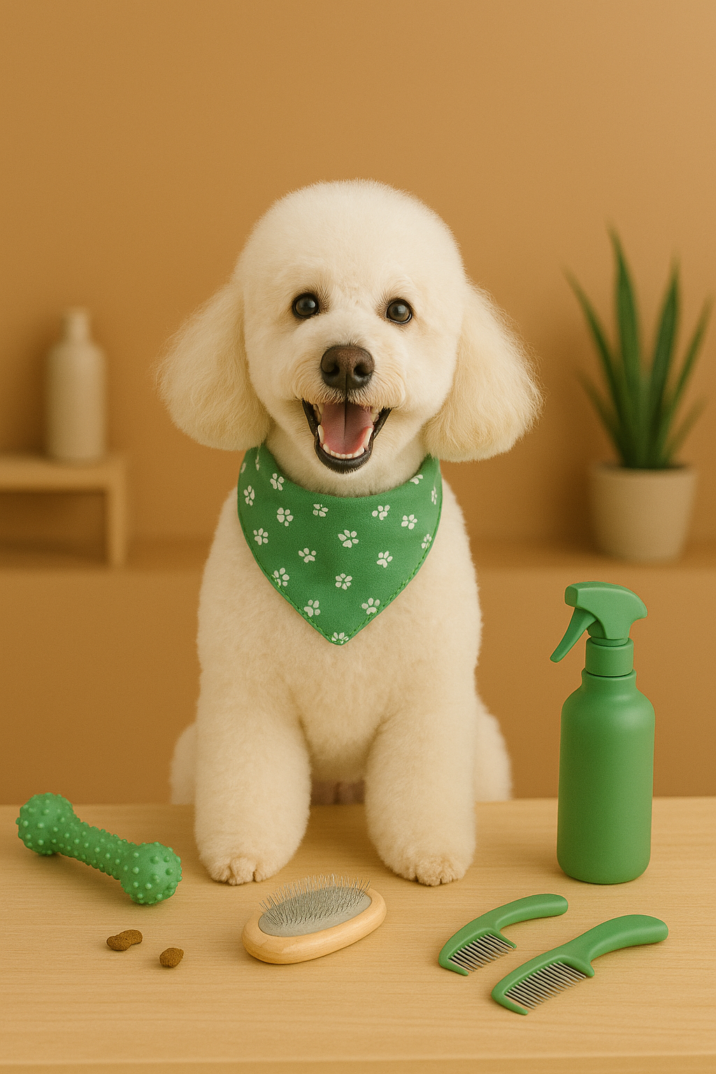 Cute puppy with cream-colored fur, wearing a green bandana with white flowers, sitting at a wooden table with grooming brushes, a green spray bottle, a green chew toy, and two grooming combs. A potted plant and a small wooden shelf with a white bottle are in the background.