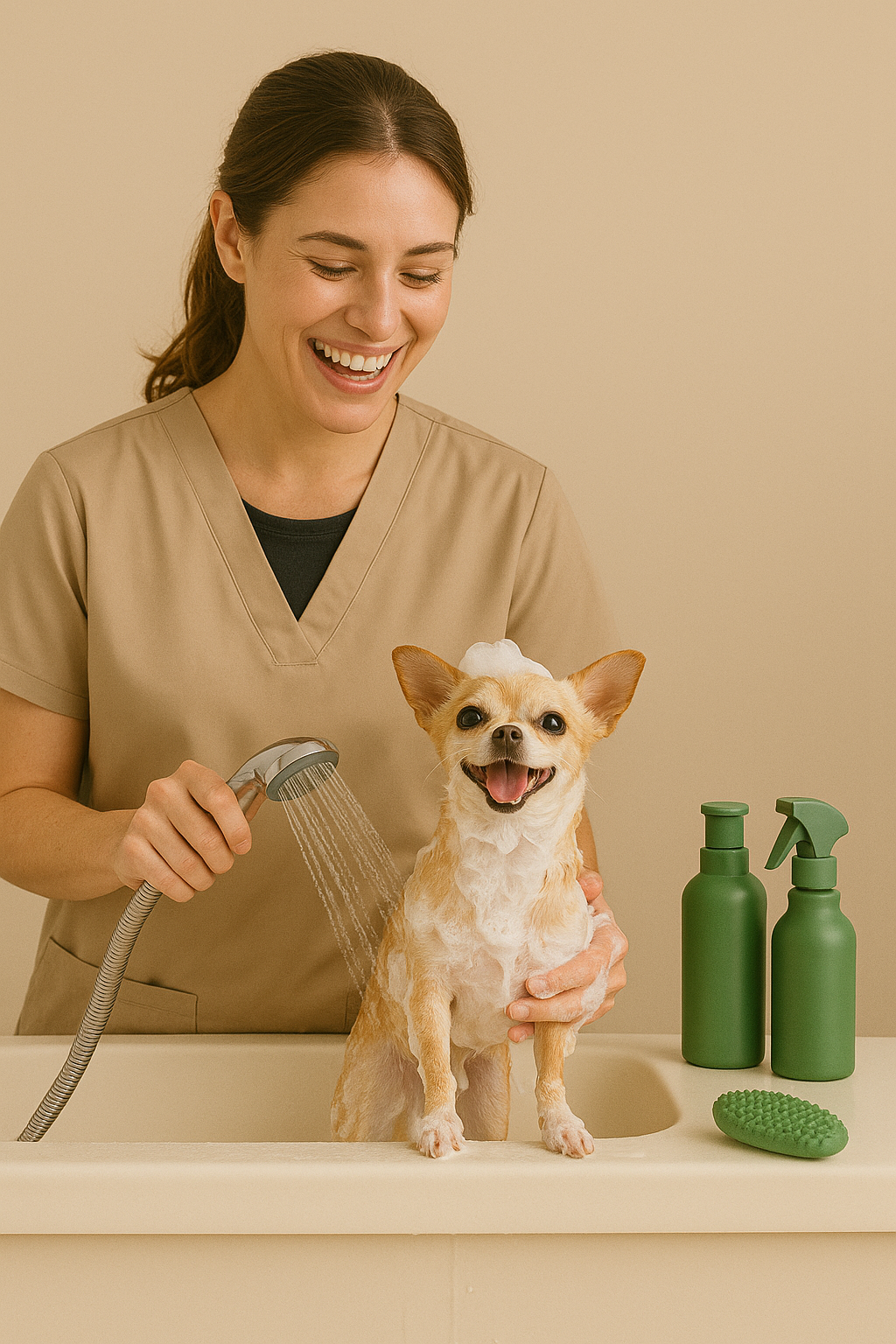 A smiling woman giving a bath to a small dog in a sink, with shampoo bottles and a brush on the counter.