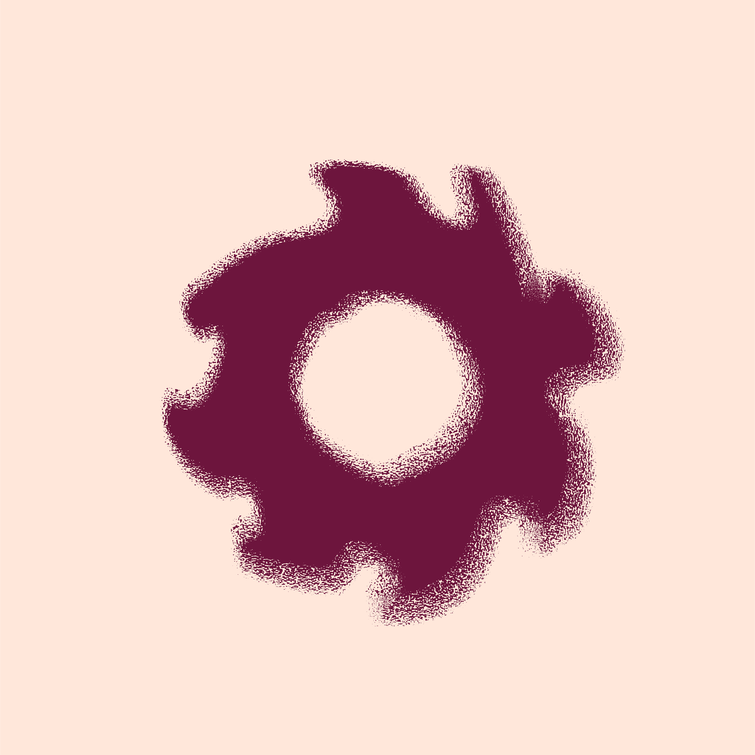 Ilustración abstracta de una rueda dentada de color púrpura en un fondo beige