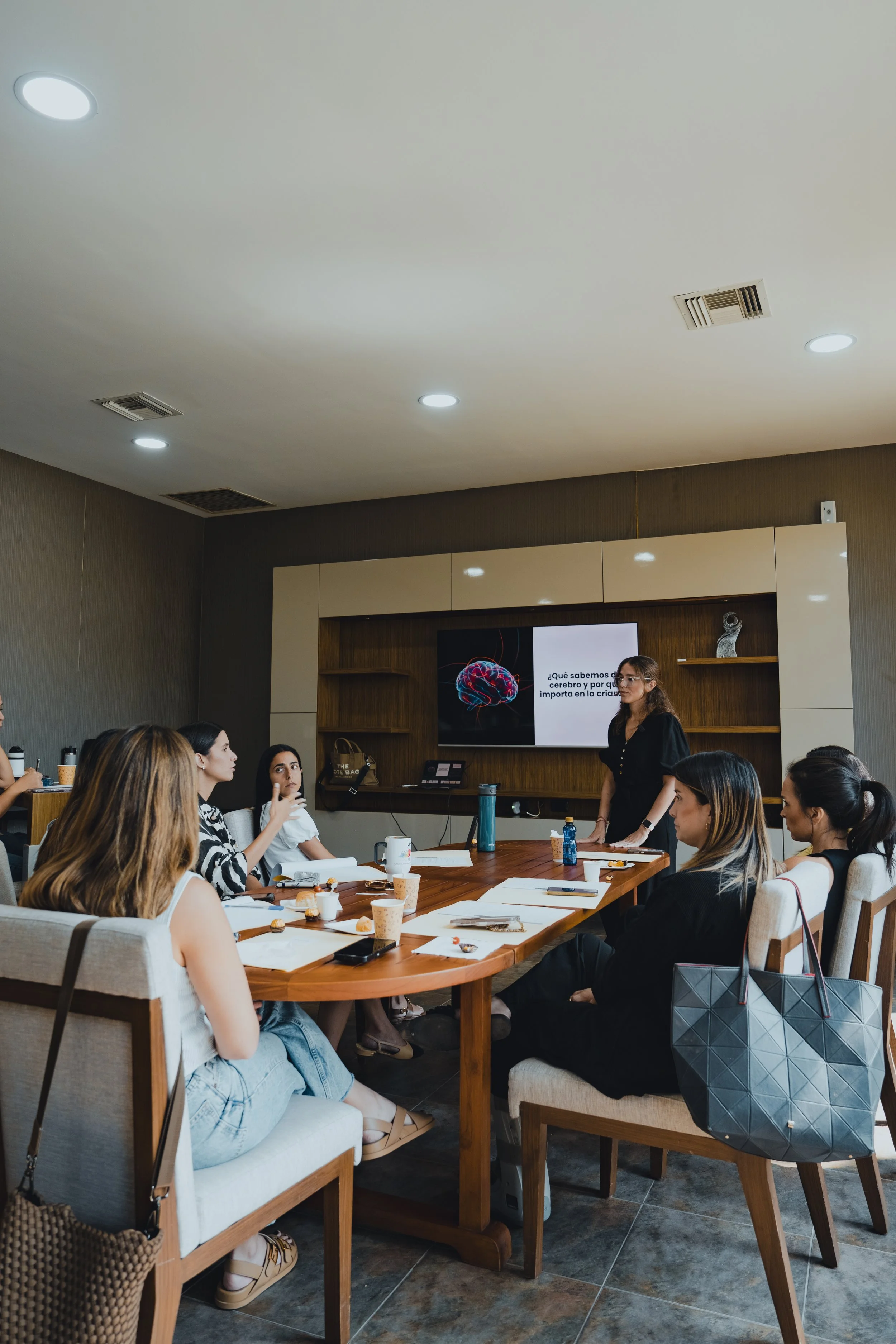 Mujer dando una presentación a un grupo de mujeres en una sala de reuniones.