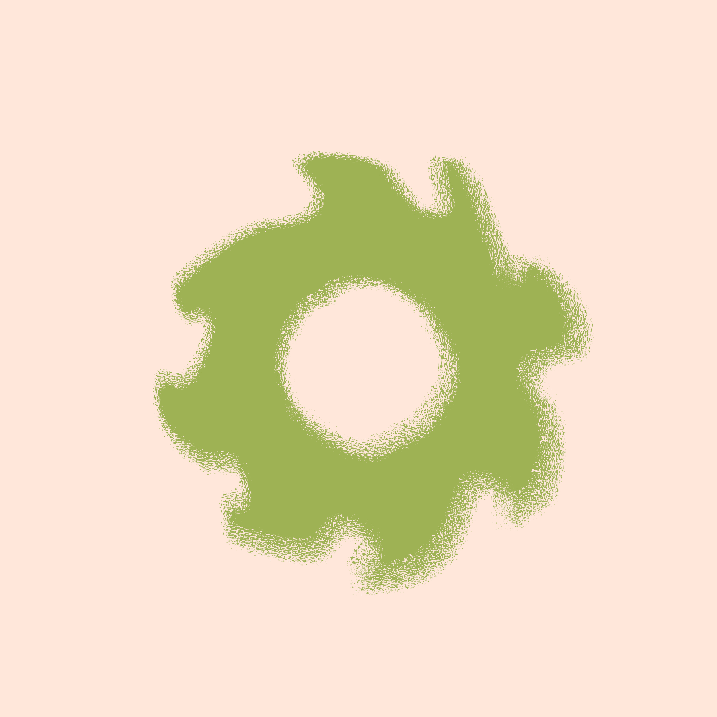 Ilustración digital de un engranaje de color verde en un fondo rosa claro.