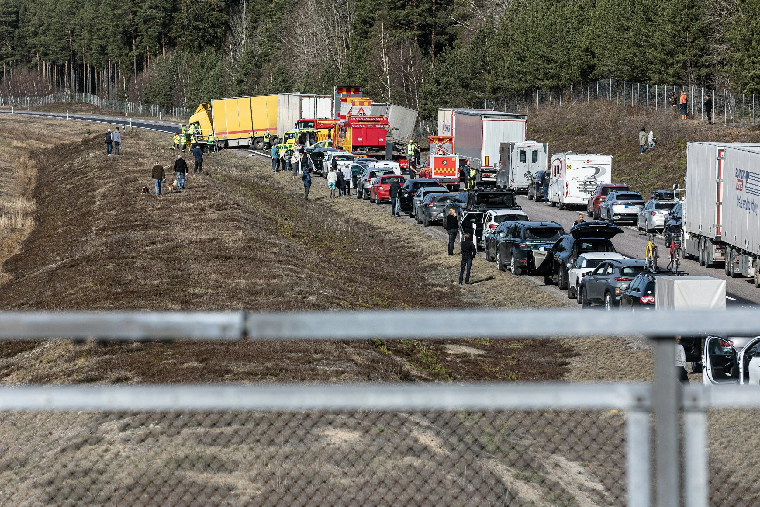 Scene of a traffic accident with multiple vehicles, emergency responders, and onlookers on a rural road bordered by trees. Debris is scattered, and a section of the road appears blocked.