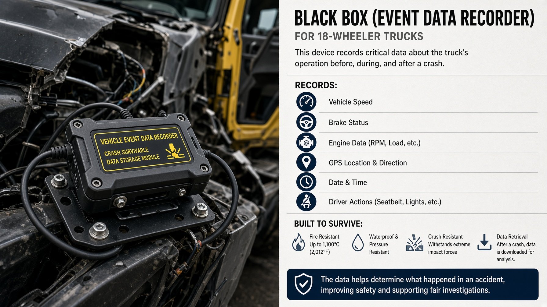 Black box event data recorder attached to a damaged black vehicle, with a detailed description of its purpose and data recording capabilities for vehicle crash analysis.
