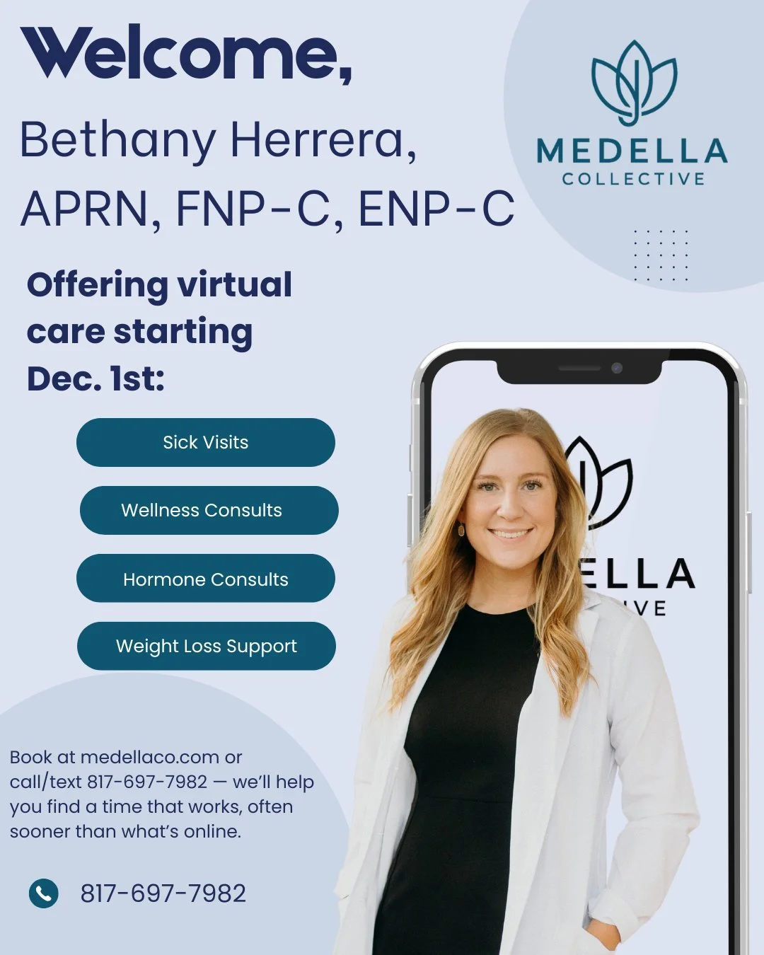 We&rsquo;re thrilled to welcome Bethany Herrera, APRN, FNP-C, ENP-C, to the Medella Collective team! 💙
Bethany brings a wealth of experience in primary care, wellness, and health, and she&rsquo;s passionate about helping patients feel their best &md
