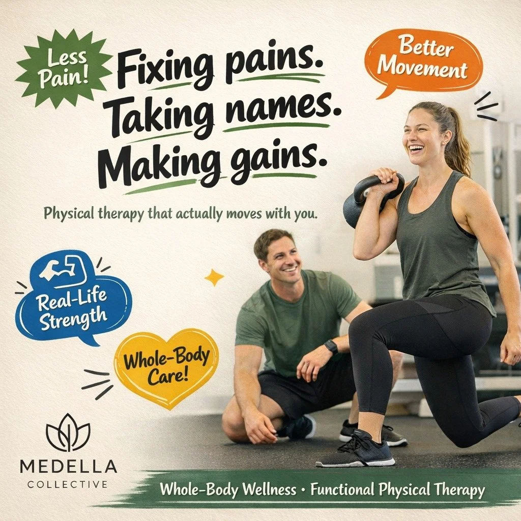 Fixing pains. Taking names. Making gains. At Medella Collective, we don&rsquo;t just treat symptoms&mdash;we build stronger, more resilient bodies that move better in real life. Whole-body physical therapy  Movement-based care  Built for how you actu