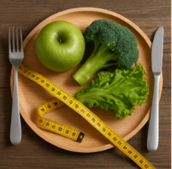 A wooden plate with a green apple, broccoli, and lettuce, with a yellow measuring tape, a fork on the left, and a knife on the right.