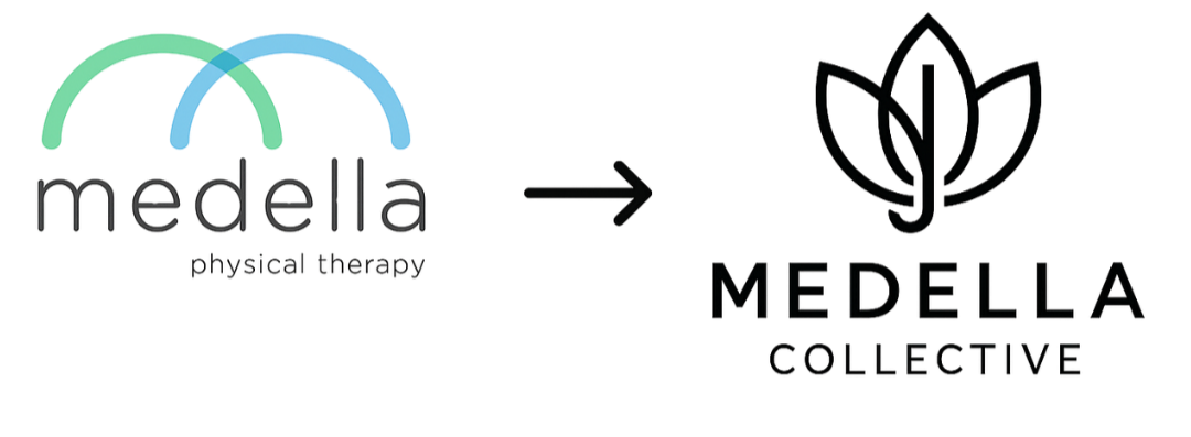 A logo with the word 'medella' and 'MERELLA' in bold letters, featuring colorful arches and a black arrow pointing right, on a white background.