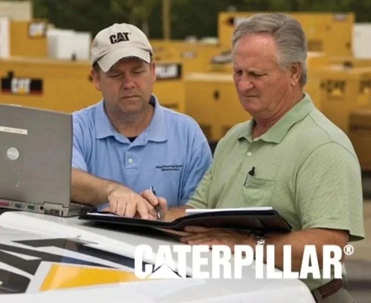 Two men look at a notebook or tablet screen outdoors, with yellow Caterpillar equipment in the background, branded Caterpillar.