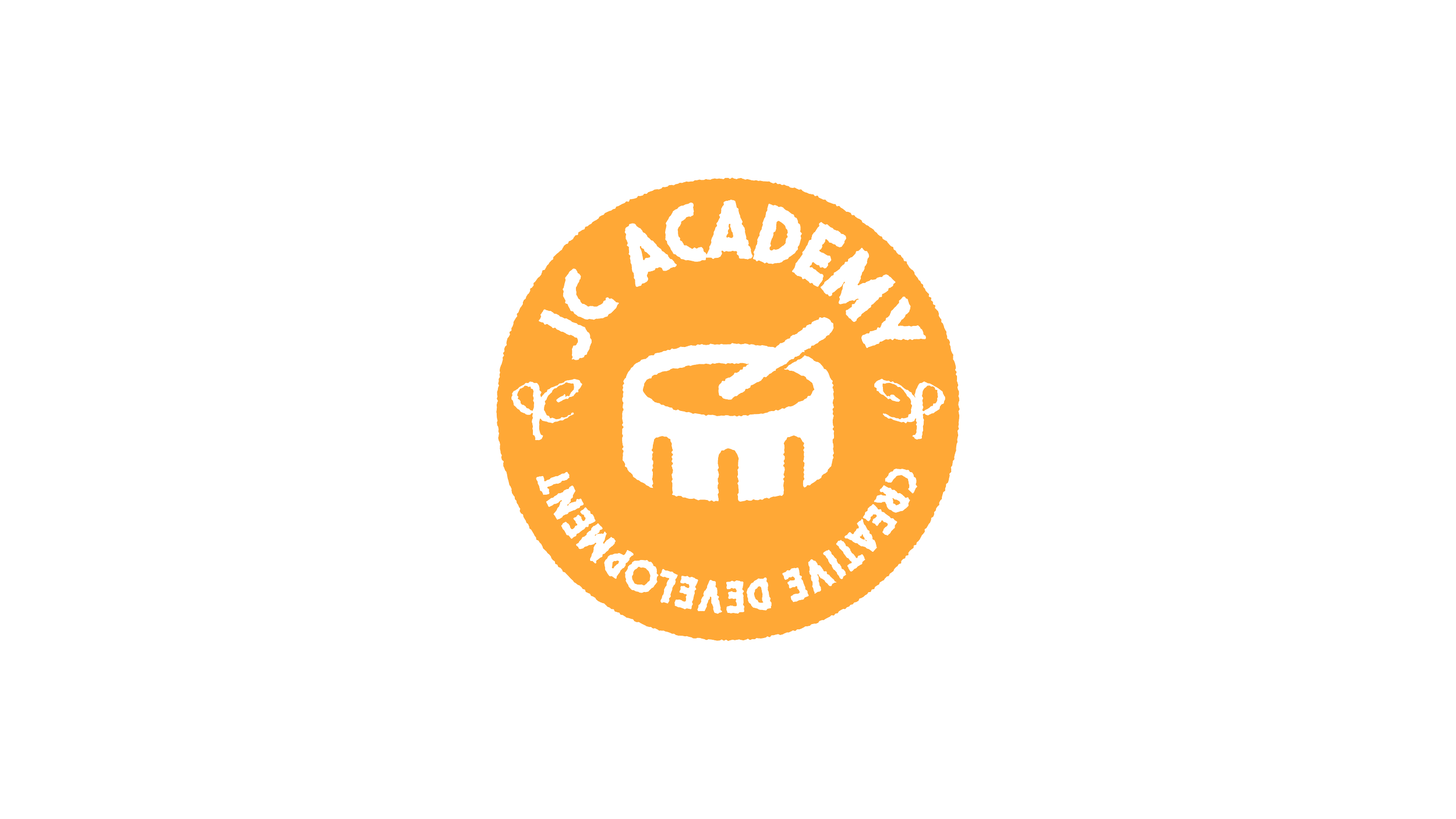 Logo of JC Academy featuring an orange circle with black text and graphic, including the words 'JC ACADEMY' at the top and 'CREATIVE DEVELOPMENT' at the bottom, and a central image of a drum with a stick.
