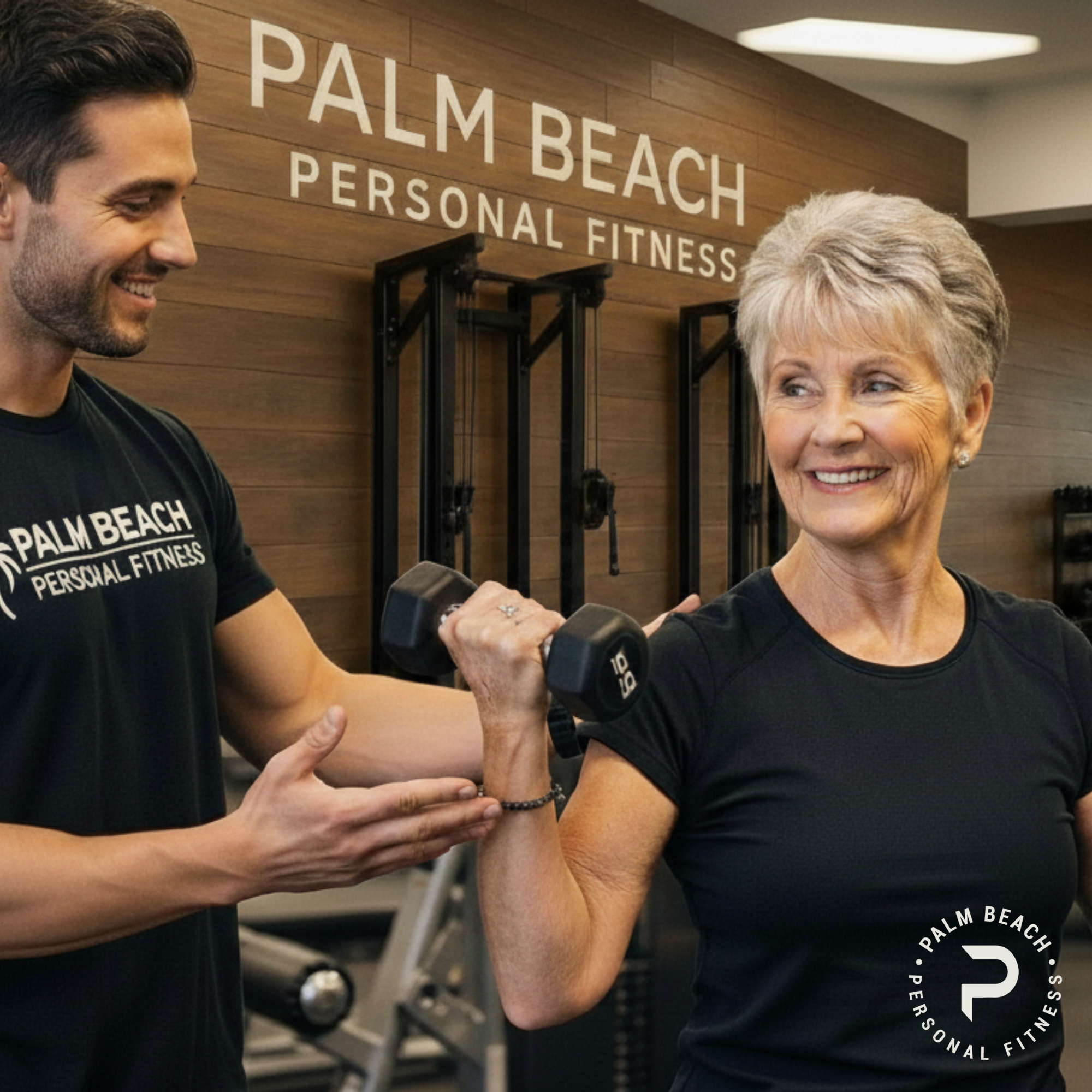 A woman receiving a right arm strength training session at Palm Beach Personal Fitness, with a trainer guiding her.