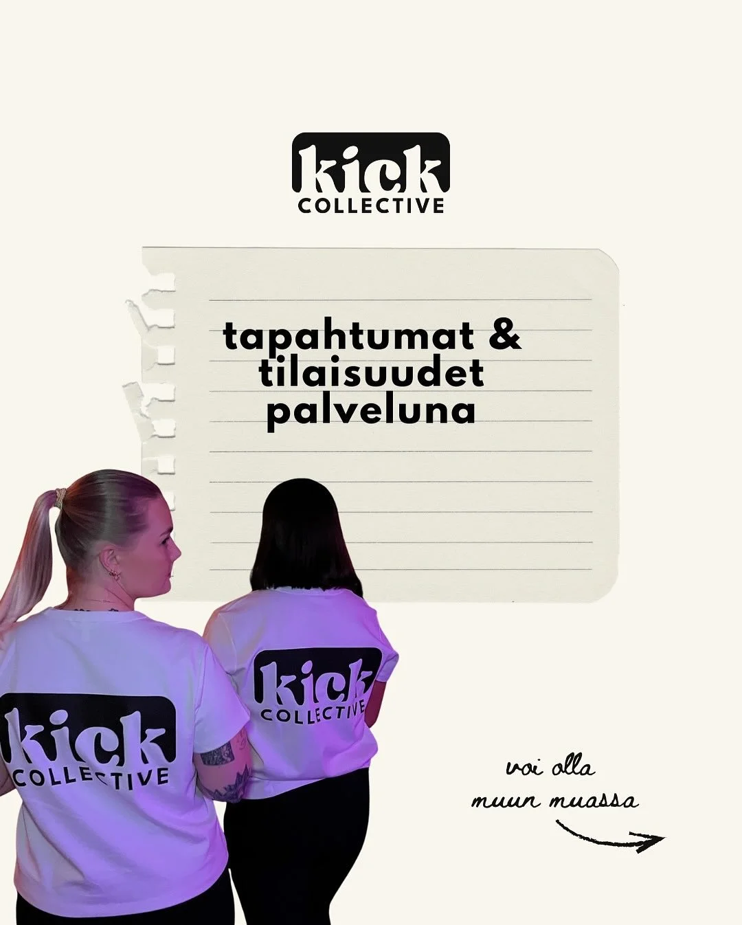 Tapahtumat, jotka tuntuu! ❤️&zwj;🔥

Kick Collective suunnittelee ja toteuttaa el&auml;myksi&auml;, jotka her&auml;tt&auml;v&auml;t tunteita, luovat yhteyksi&auml; ja vahvistavat br&auml;ndej&auml;.

Me rakennetaan kokonaisuuksia, jotka tuntuvat merk