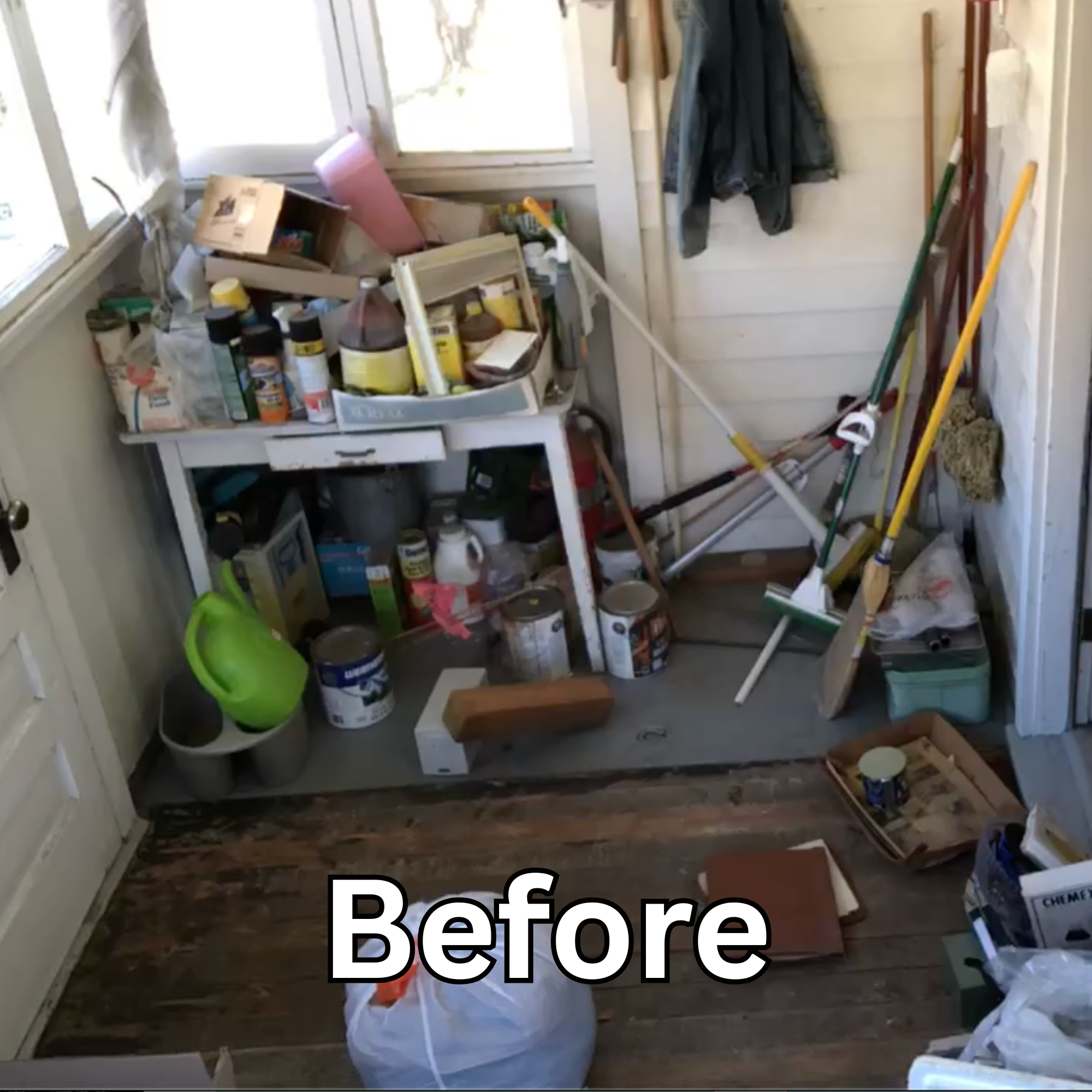 Messy mud room before