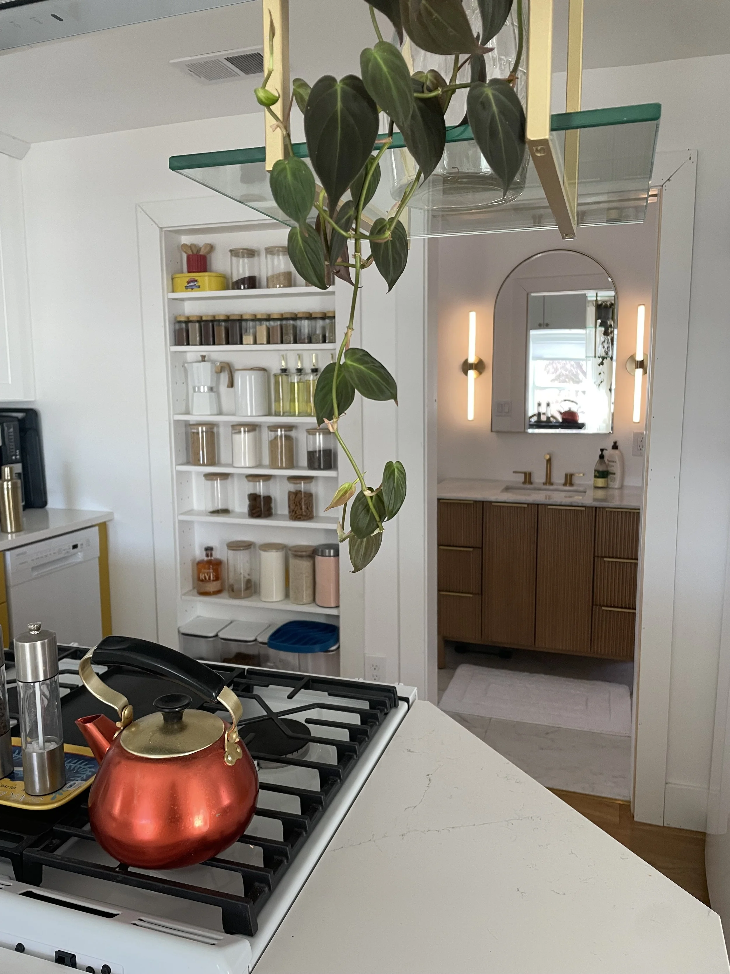 An organized kitchen curated shelves and red tea kettle