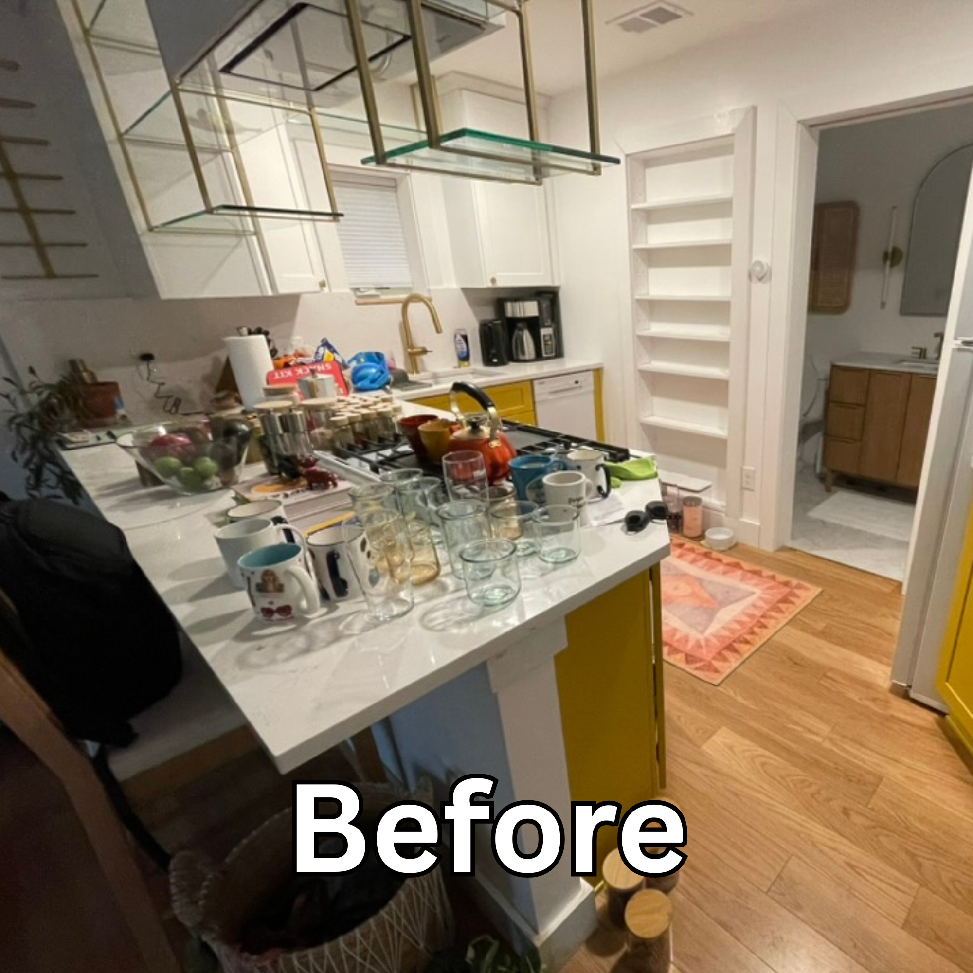 Disorganized kitchen with empty shelves