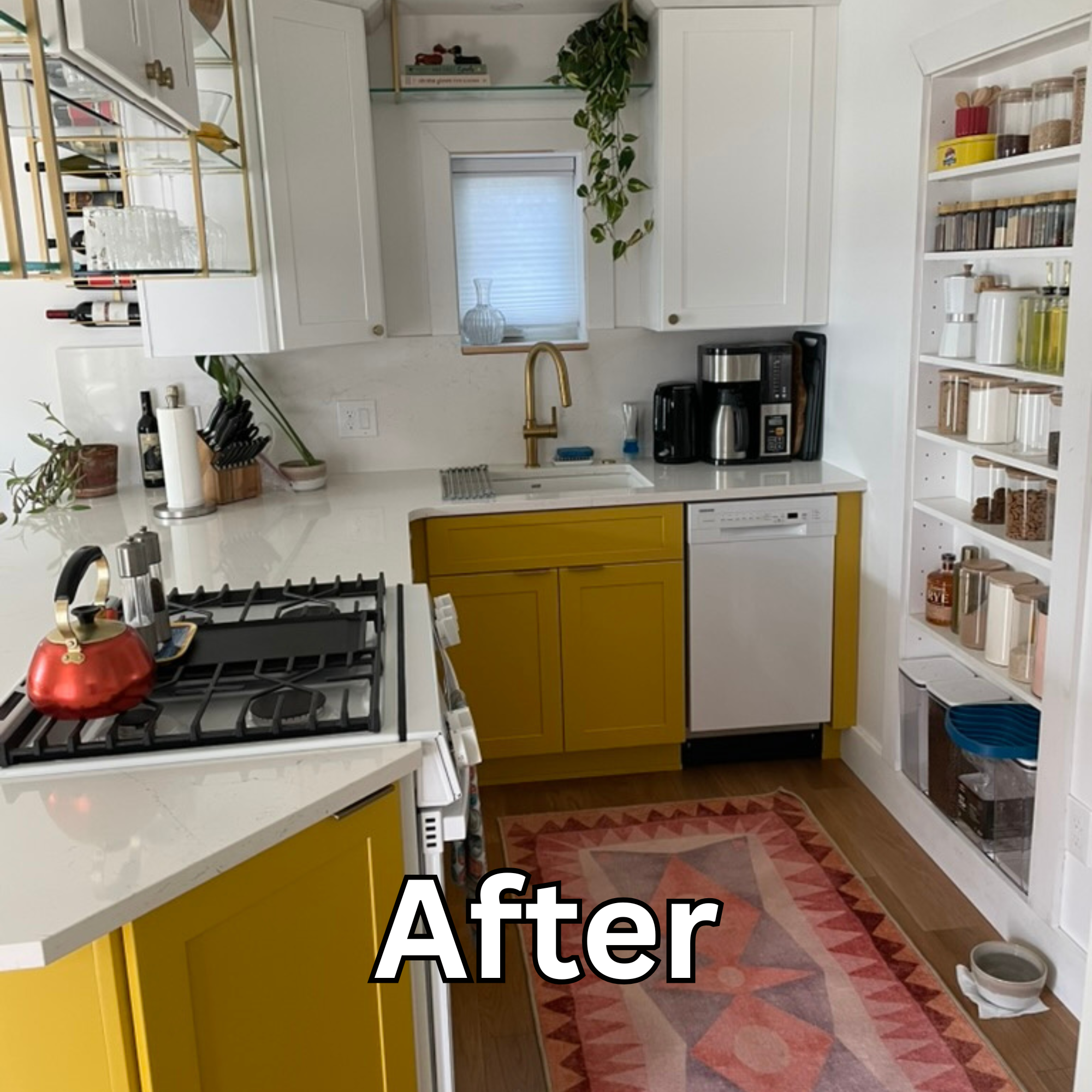 Organized kitchen shelves after