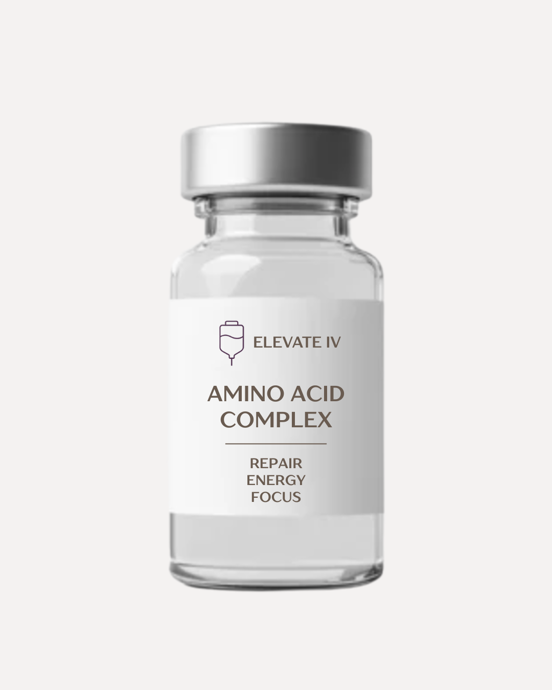 A clear glass bottle with a silver cap containing a supplement labeled "Amino Acid Complex" from the brand "Elevate IV," featuring keywords such as repair, energy, and focus.