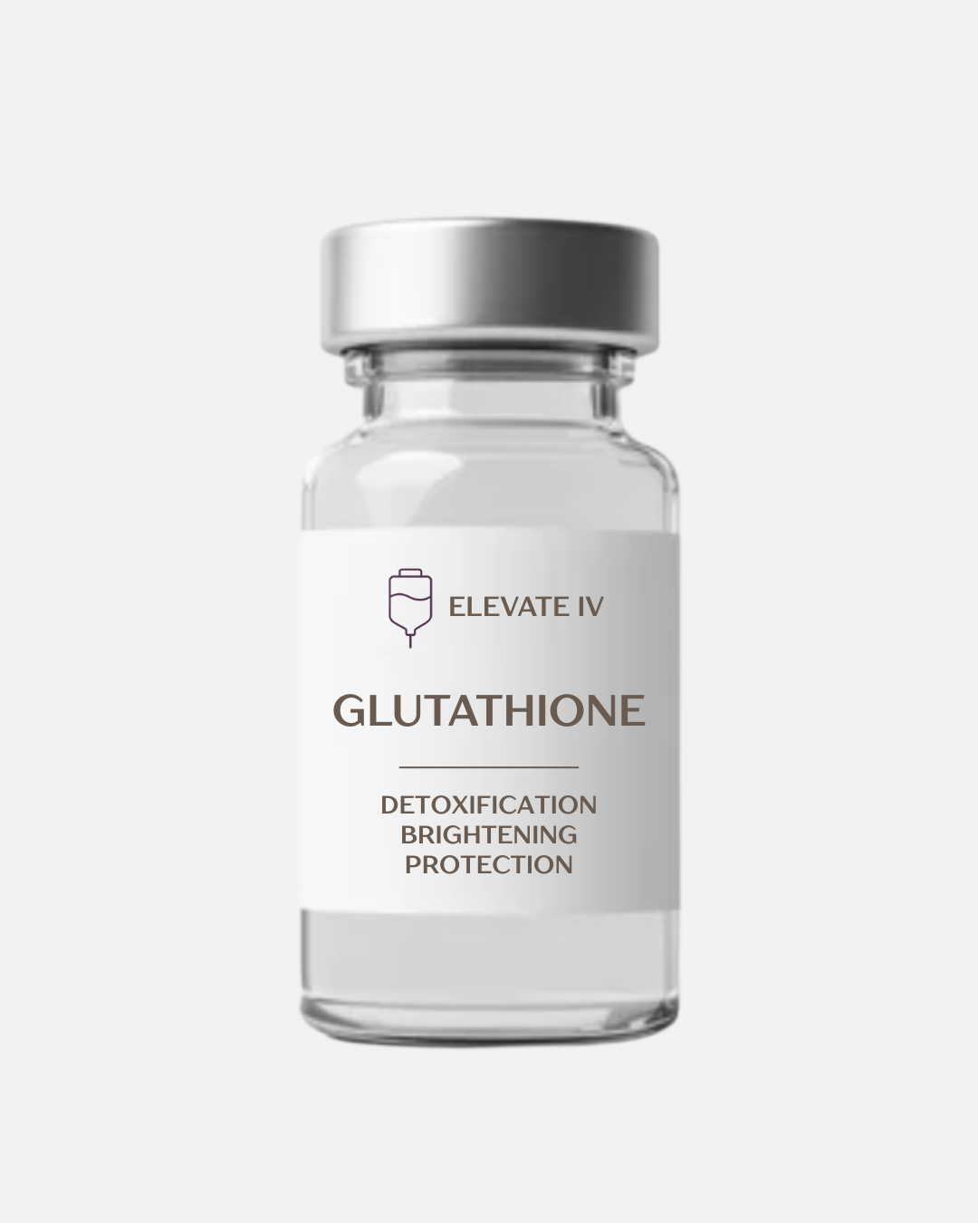 A bottle labeled 'Elevate IV Glutathione' with additional text 'Detoxification, Brightening, Protection' on a plain background.