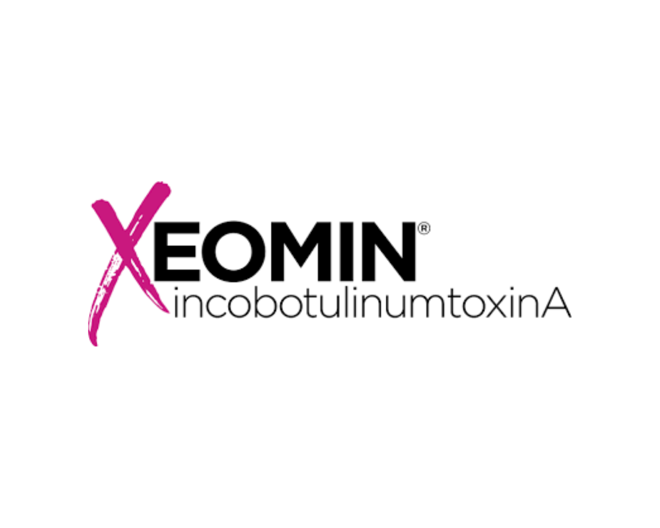 Logo of XEOMIN with pink X and black text, including the chemical name incobotulinumtoxinA.