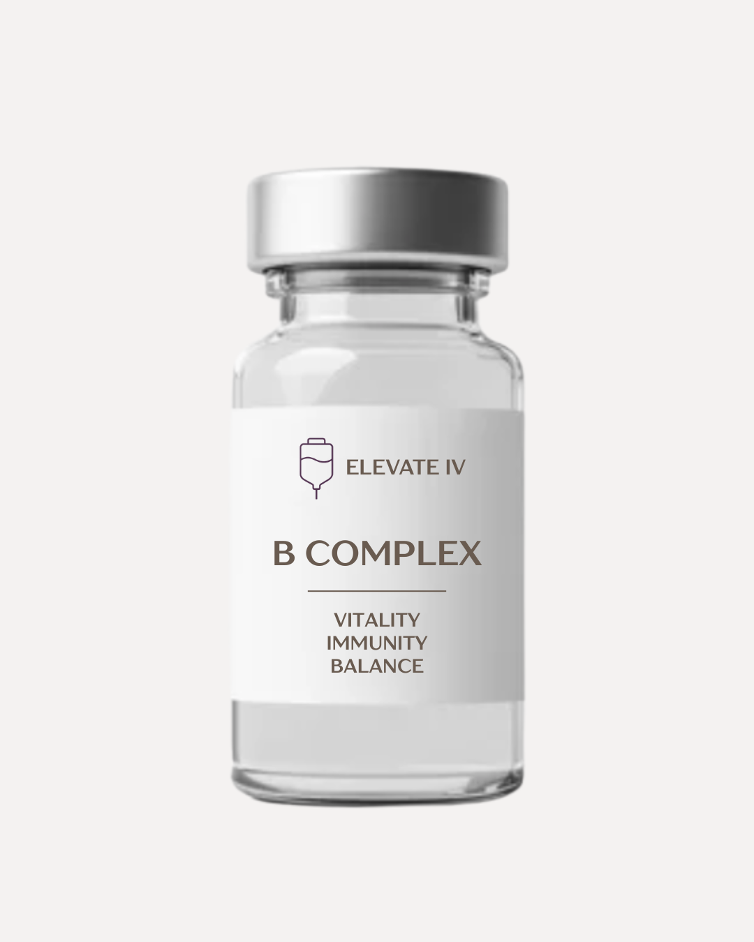 A small clear glass bottle with a silver cap labeled 'Elevate IV B Complex' containing vitamins for vitality, immunity, and balance.