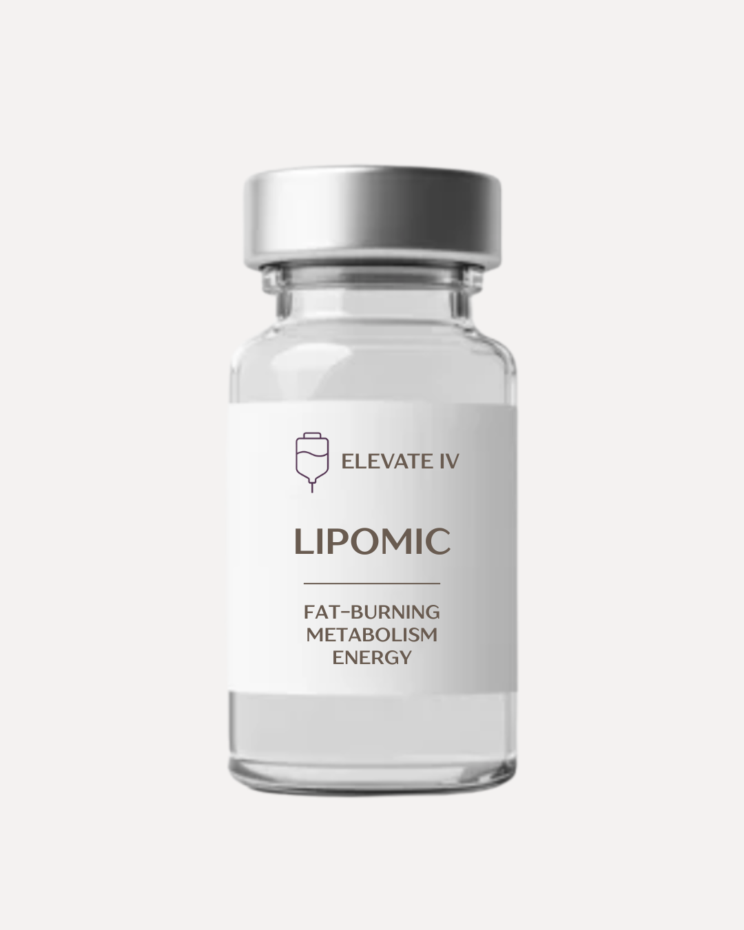 A small glass bottle labeled "Lipomic" with a silver cap, featuring the brand name 'Elevate IV' and descriptions for fat-burning, metabolism, and energy.