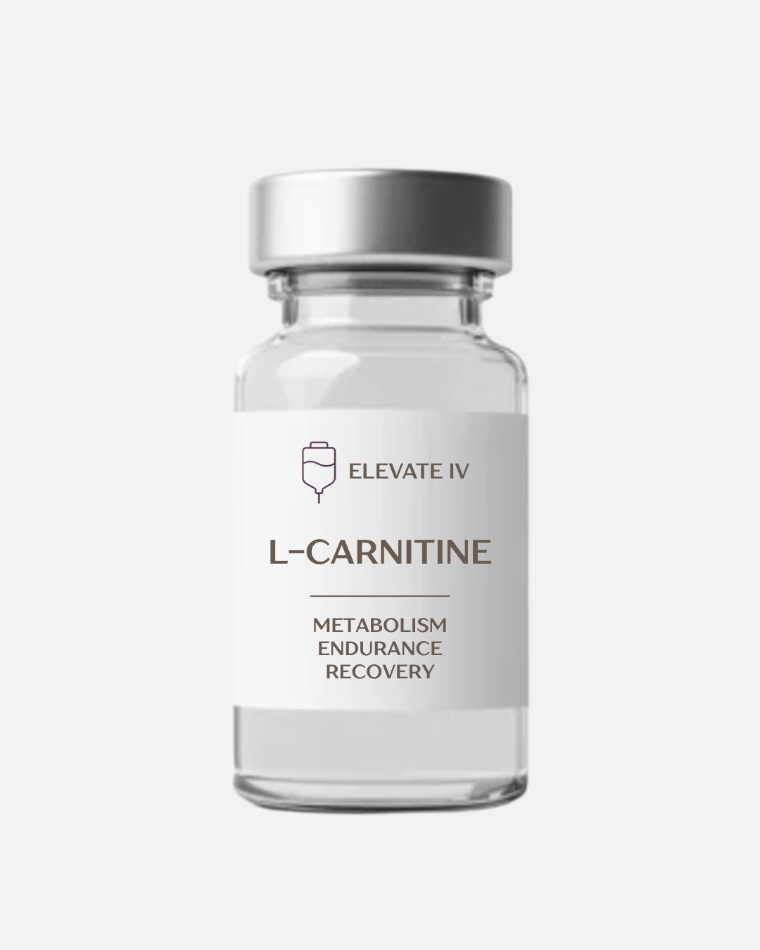 A transparent glass bottle with a silver cap, labeled 'L-Carnitine' from 'Elevate IV,' emphasizing benefits like metabolism, endurance, and recovery.