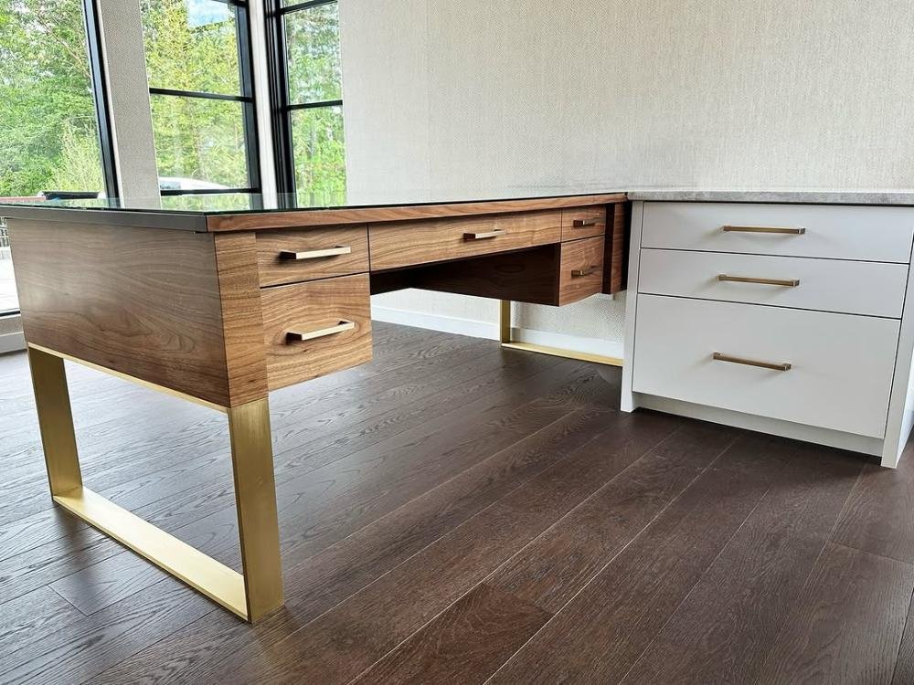 Walnut desk on a custom fabricated brass base