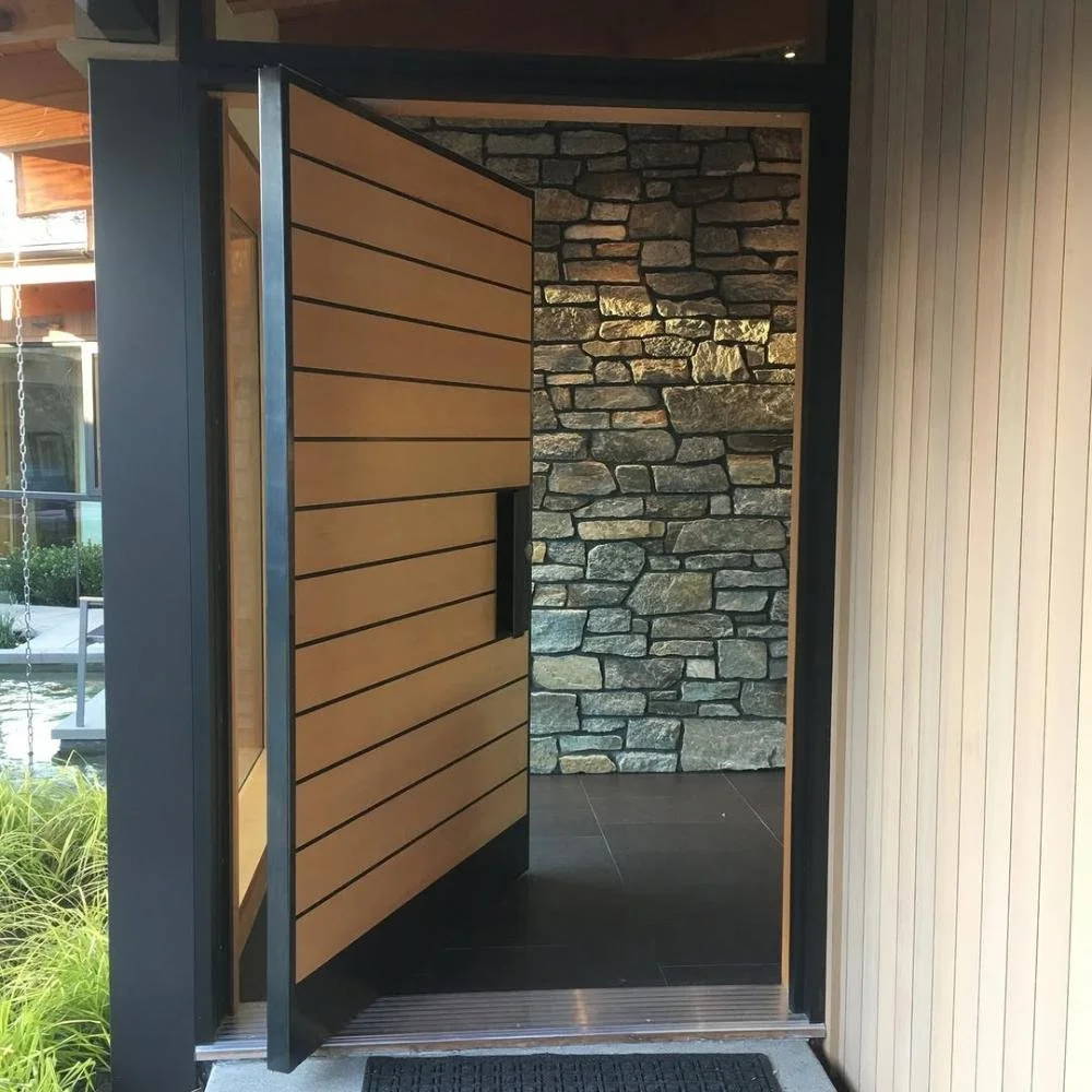 Pivot entry door with horizontal wood panels in a black steel frame
