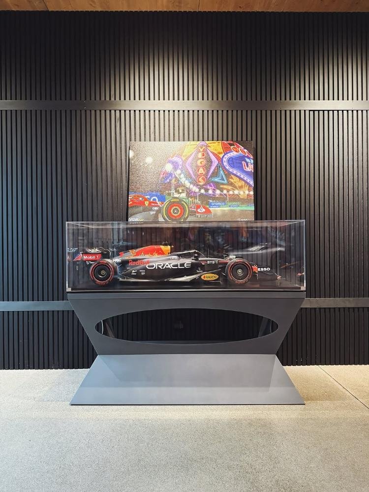 Custom steel display stand for a Formula 1 model car