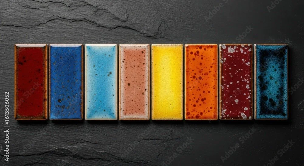 Row of colorful ceramic tiles with varying dot patterns on black slate surface.