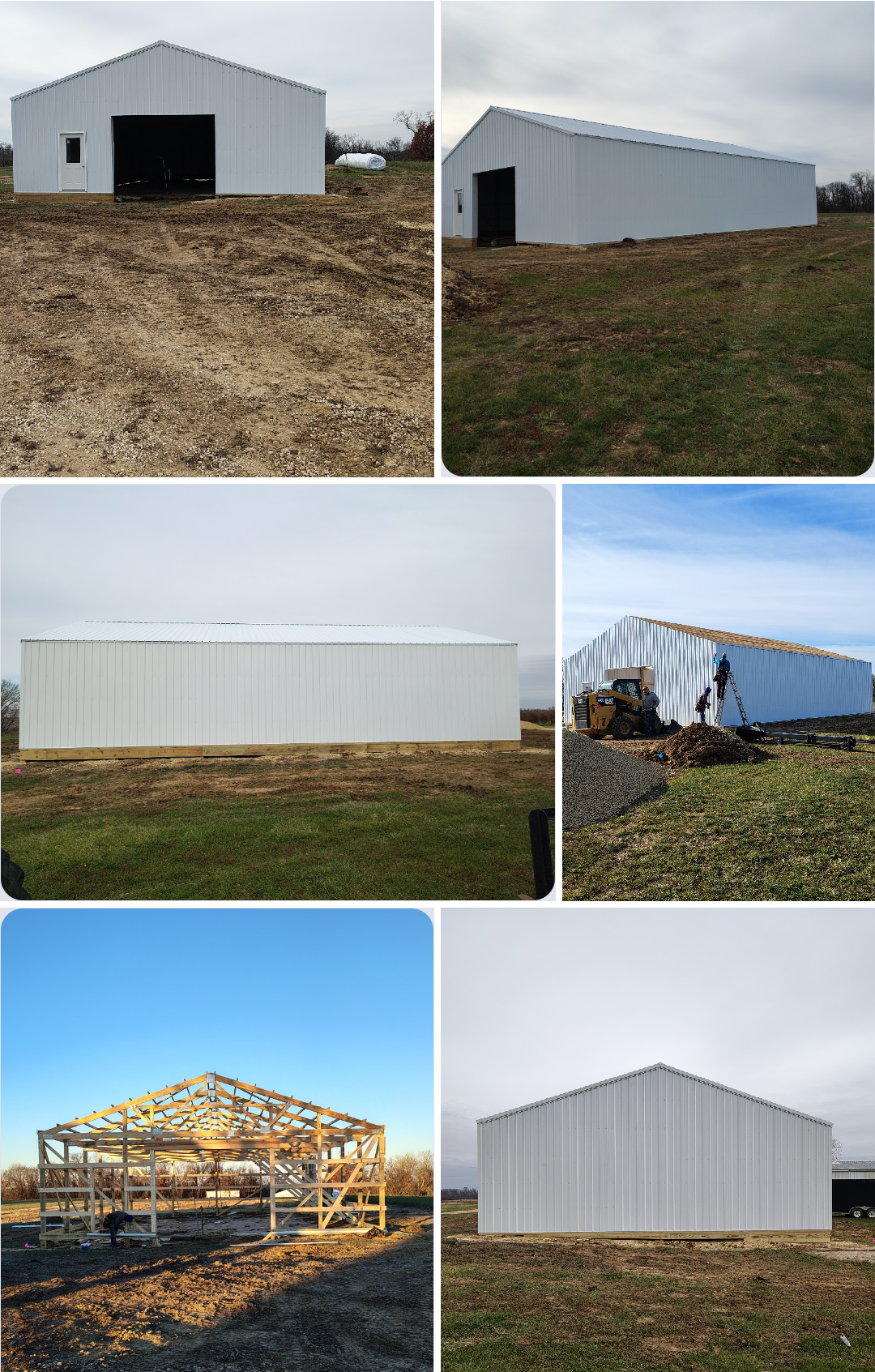 Sequence of images showing the construction of a metal barn. First, the foundation is prepared, then the metal walls are erected, and the roof is completed. The final image shows the finished barn from the side view.